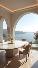 Obraz premium An opulent cliffside dining room in Santorini with sweeping views of the deep blue Aegean Sea.