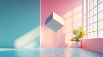 3D geometric box with soft pastel colors floating in a modern room