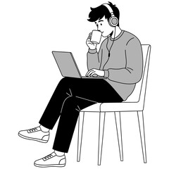 Young man enjoying coffee and music while working on his laptop in a relaxed setting