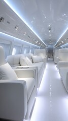 Fototapeta premium Modern private jet interior illuminated with cool blue ambient lighting