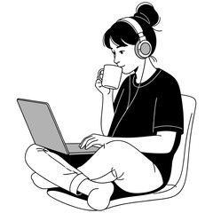 Young woman enjoys coffee while working on laptop with headphones, embodying cozy modern lifestyle.