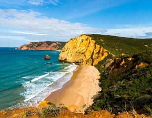 Coastal landscape with vibrant cliffs and beach