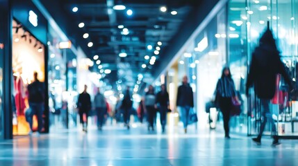 Fototapeta premium A blurred image of people walking inside a brightly lit shopping mall with stores on both sides