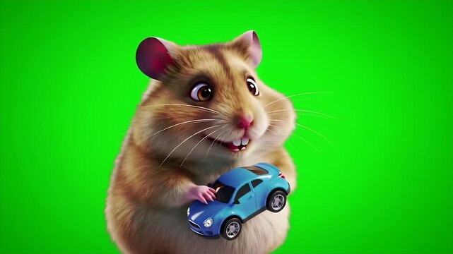 Adorable Golden Hamster Mesocricetus auratus Holding a Blue Toy Car on Green Screen Background stock footage Perfect For Educational and Children's Entertainment with Playful Charm and Cute Details