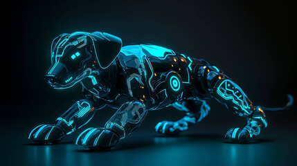 A futuristic robot dog with glowing circuits and a playful personality
