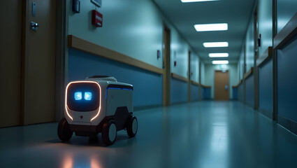 Medical technology A mobile robot patrols hospital corridors at night, scanning for security breaches and unauthorized access, reporting incidents (1)
