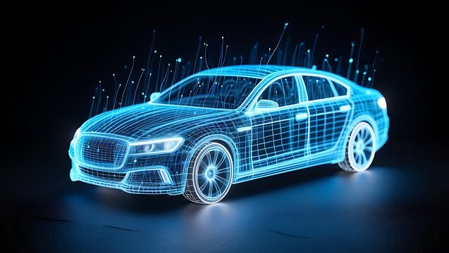 Futuristic blue neon wireframe sedan car on dark background