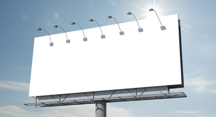 Obraz premium Mockup empty white advertising billboard in day on sky background. Outdoor advertisement template poster for urban commercial marketing campaigns