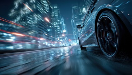 Fast Moving Car At Night In City With Blurry Lights