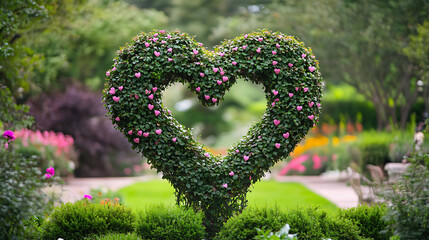 A heart-shaped topiary in a charming garden setting