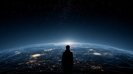 Fototapeta premium Silhouette of a person looking out over a globe with cityscape at night