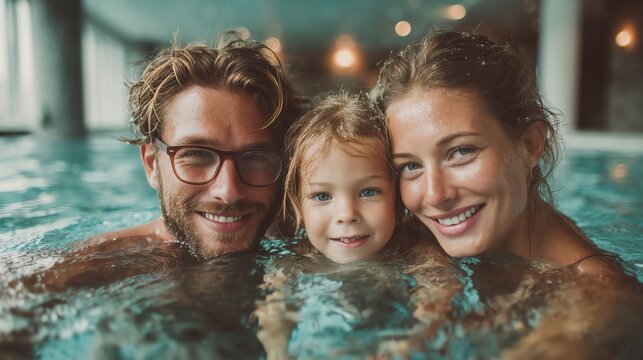 Smiling family of four in minimalist indoor pool at luxury hotel resort, clean composition