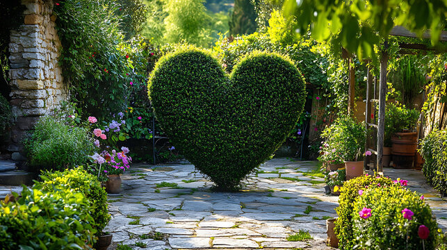 A heart-shaped topiary in a charming garden setting