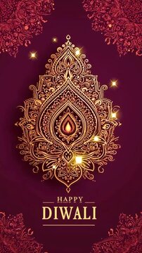 vertical video with happy diwali wishes; modern greeting card with burgundy background and golden shinning indian style pattern