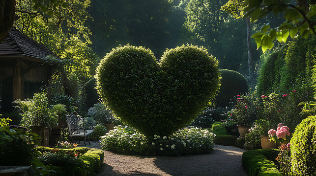 A heart-shaped topiary in a charming garden setting