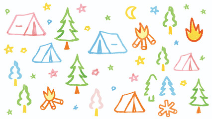 Hand drawn camping scene with tents, trees, campfires, stars, and moon in various colors and simple style