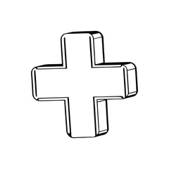 Obraz premium A 3D plus or cross symbol in a black and white line art style. This versatile vector icon is perfect for medical, religious, or mathematical themes. 