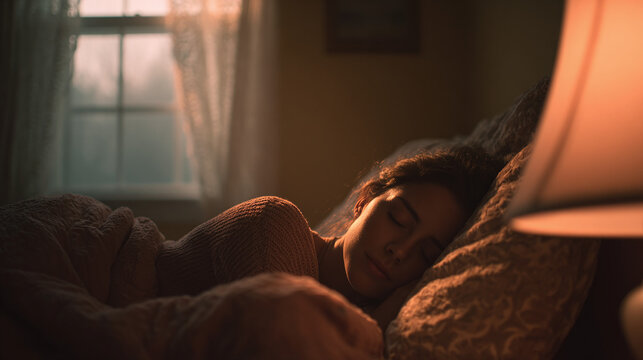 A serene image of a woman sleeping peacefully, enveloped in warmth, in a cozy bedroom illuminated by a bedside lamp. Relaxation and tranquility.
