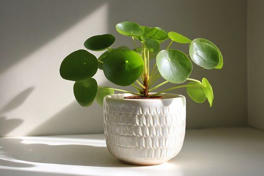Glowing pilea in white textured pot on light surface  
