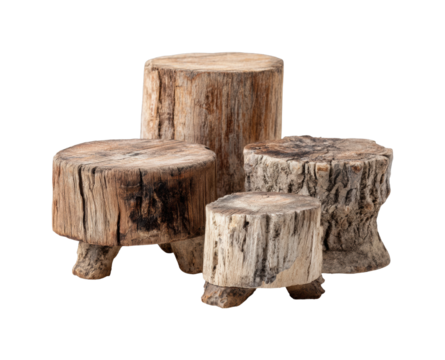Natural wood stools in rustic decorative items home natural environment isolated on transparent background, png
