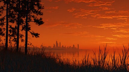 Naklejka premium Silhouetted city skyline at sunset, framed by grasses and trees