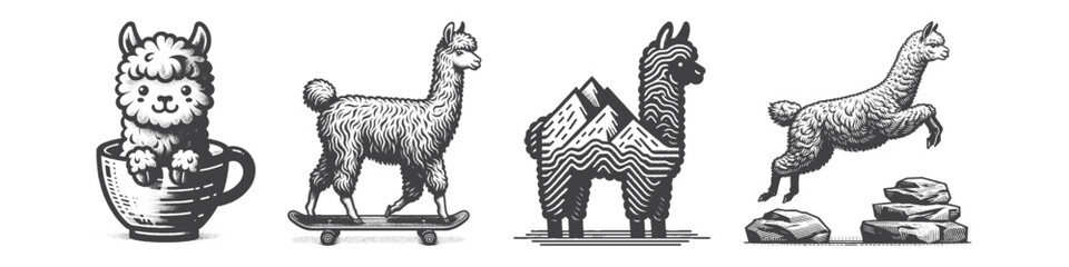 Vintage Hand-Drawn Alpaca On Cup Of Coffee Illustration, Whimsical Beverage Engraved Vector for Cozy and T-Shirt Design