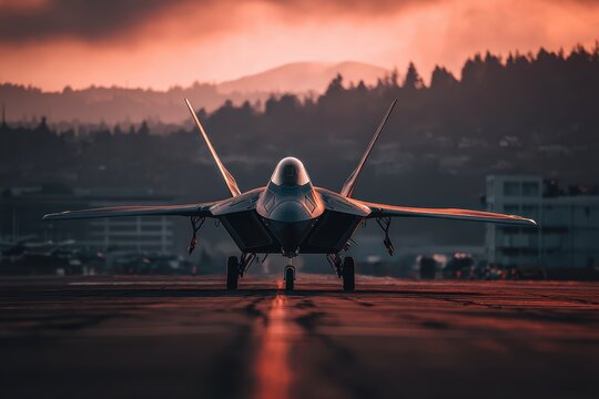 A modern fighter jet sits on the runway at sunset, framed by dramatic skies and distant mountains, highlighting advanced aviation technology