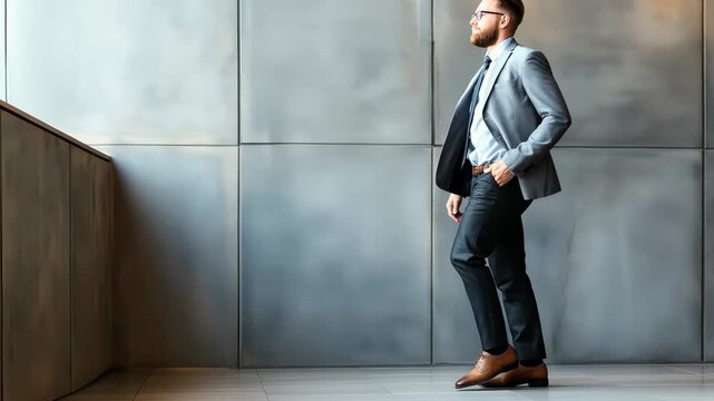 A dapper businessman in a tailored suit walks confidently through a modern office space, showcasing professionalism and style in a sleek environment.