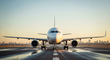 Passenger Airplane on Runway at Dawn.