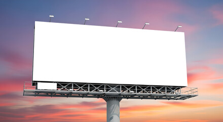 Obraz premium Mockup empty white advertising billboard on sunset sky background. Outdoor advertisement template poster for urban commercial marketing campaigns. Evening presentation