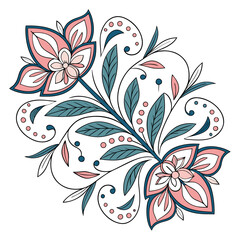 Decorative floral ornament with pink and teal petals and leaves on a white background