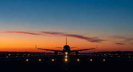 Fototapeta premium Passenger Airplane on Runway at Sunset.