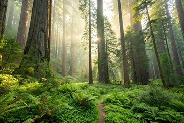 Obraz premium Misty redwood forest path bathed in golden sunlight rays