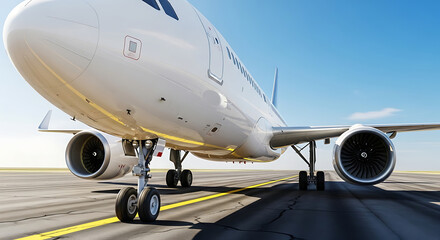 Obraz premium Passenger Airplane on Runway Front View Closeup.