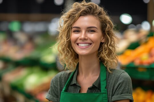 A smiling woman with curly hair wearing a green apron stands in the produce section of a grocery store