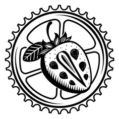 Obraz premium Stylized black and white illustration of a strawberry slice inside a bicycle chainring