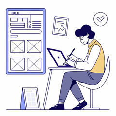 Person working on a laptop at a desk with a wireframe design and calendar on a white background