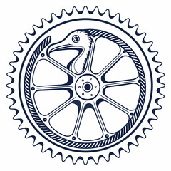 Stylized bird head emerges from the center of a dark blue bicycle chainring with intricate spoke design