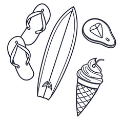 A collection of summer icons including a surfboard flip flops ice cream cone and avocado slice