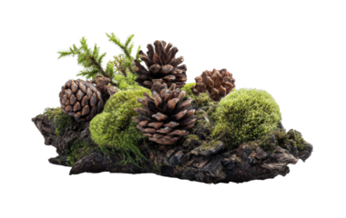 Natural pinecones and moss arrangement forest floor decorative tranquil environment isolated on transparent background, png