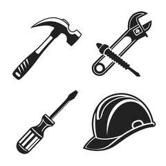 A collection of four essential construction and repair tools including a hammer wrench screwdriver and hard hat