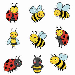 Fototapeta premium A cute collection of cartoon bees and ladybugs. Adorable smiling insect characters set in a simple kawaii style.