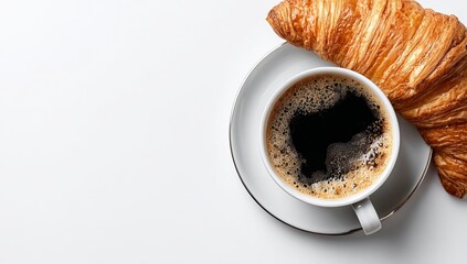 Photo of a cup and croissant on a white background, top view. Web banner with copy space on the right for text or logo.