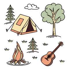 Charming hand drawn illustration of camping elements including a tent campfire trees guitar and clouds