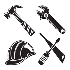 Collection of black and white icons representing construction tools and safety equipment on a white background