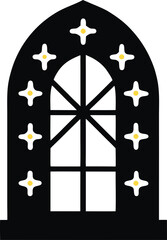 Gothic arched window silhouette with star shapes isolated on white background