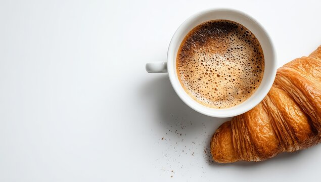 Photo of a cup and croissant on a white background, top view. Web banner with copy space on the right for text or logo.