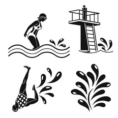 Set of stylized black and white icons depicting swimming pool activities and water splashes