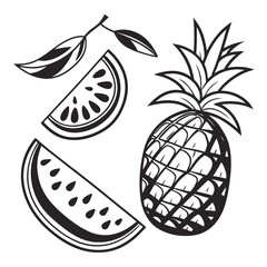 Stylized black and white illustration of a pineapple and watermelon slices with leaves