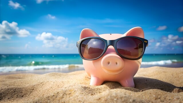 A cute piggy bank wearing sunglasses sits on a sandy beach with the ocean and blue sky in the background, symbolizing financial savings and vacation